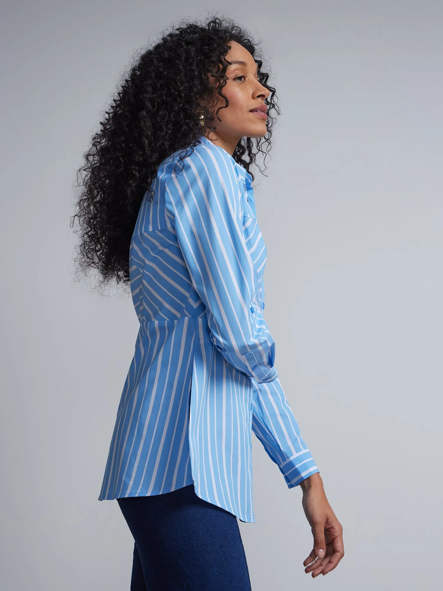 Striped Poplin Corset Button-Front Tunic Top