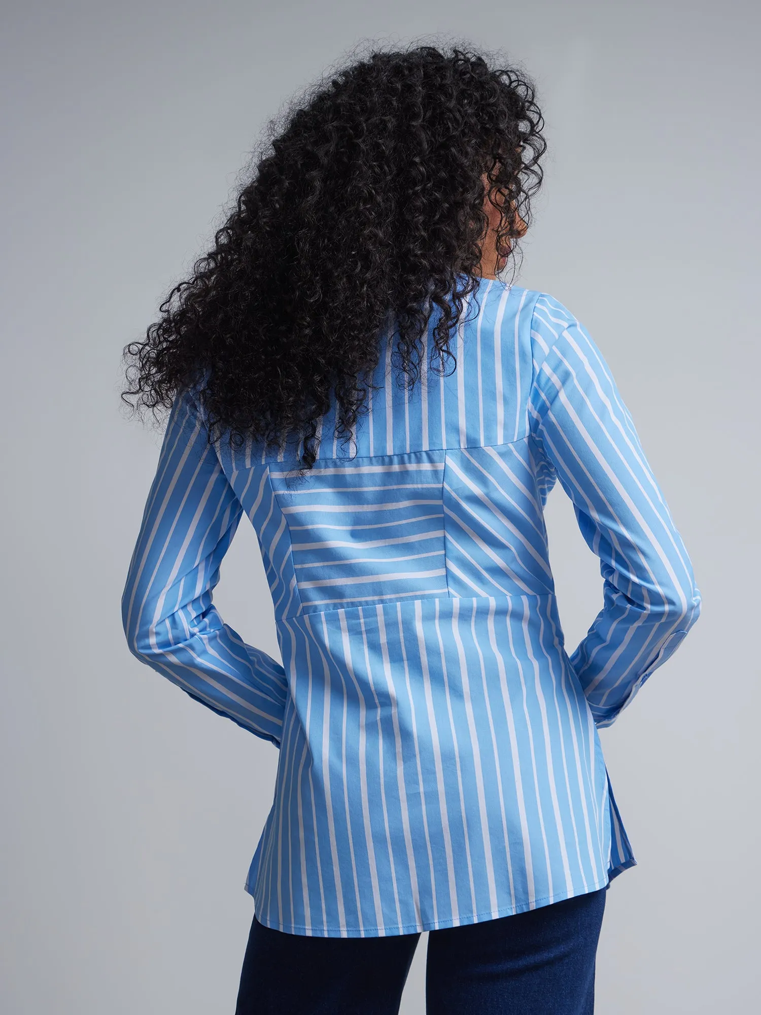 Striped Poplin Corset Button-Front Tunic Top