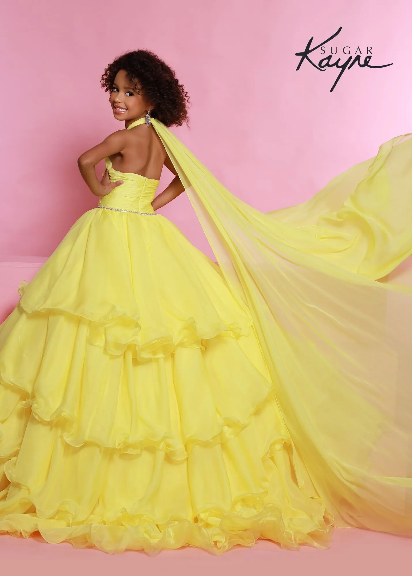 Sugar Kayne C305 Ruffled Layers Girls Preteens Pageant Dress Ball Gown Cape Halter Formal Dress