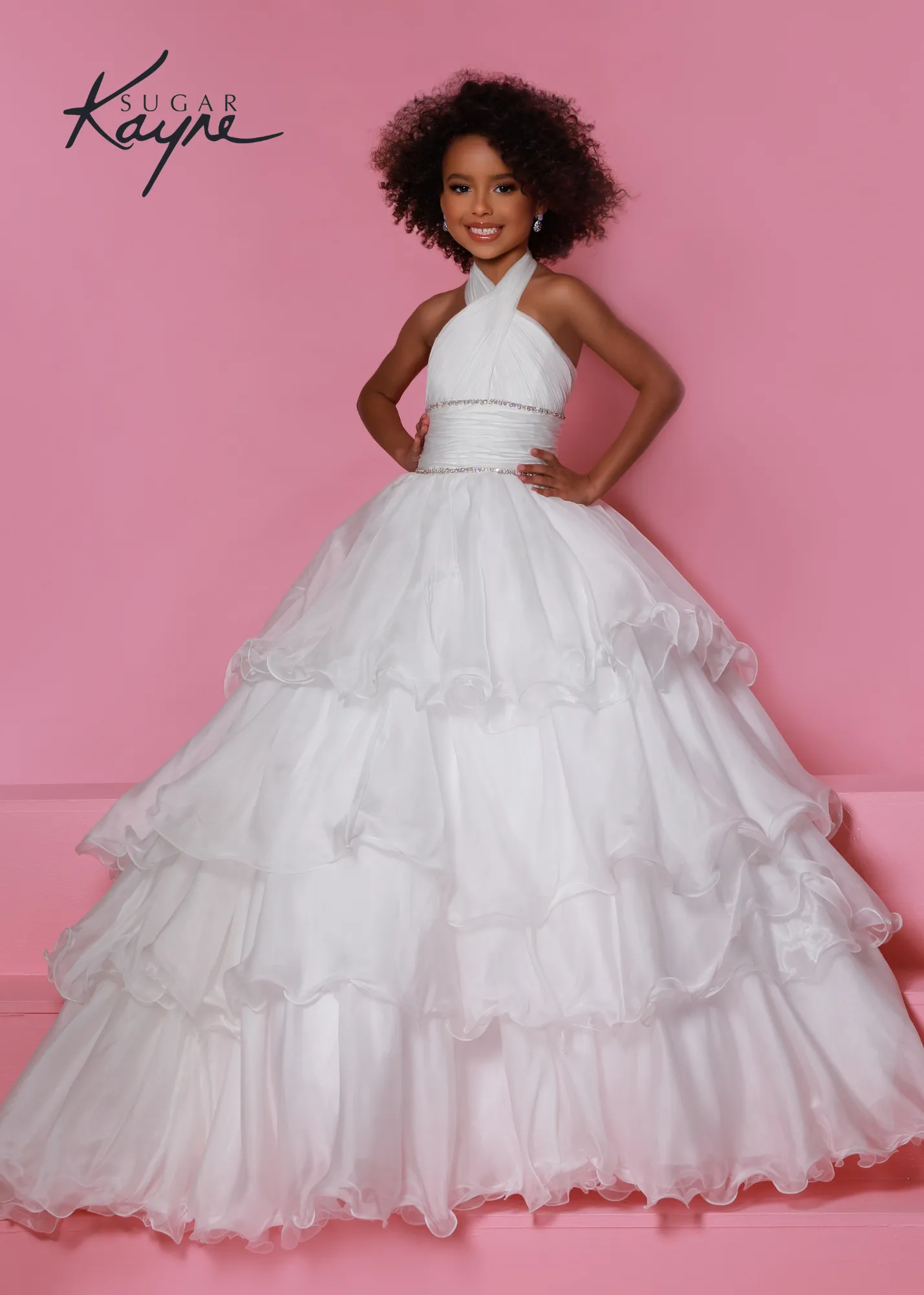 Sugar Kayne C305 Ruffled Layers Girls Preteens Pageant Dress Ball Gown Cape Halter Formal Dress