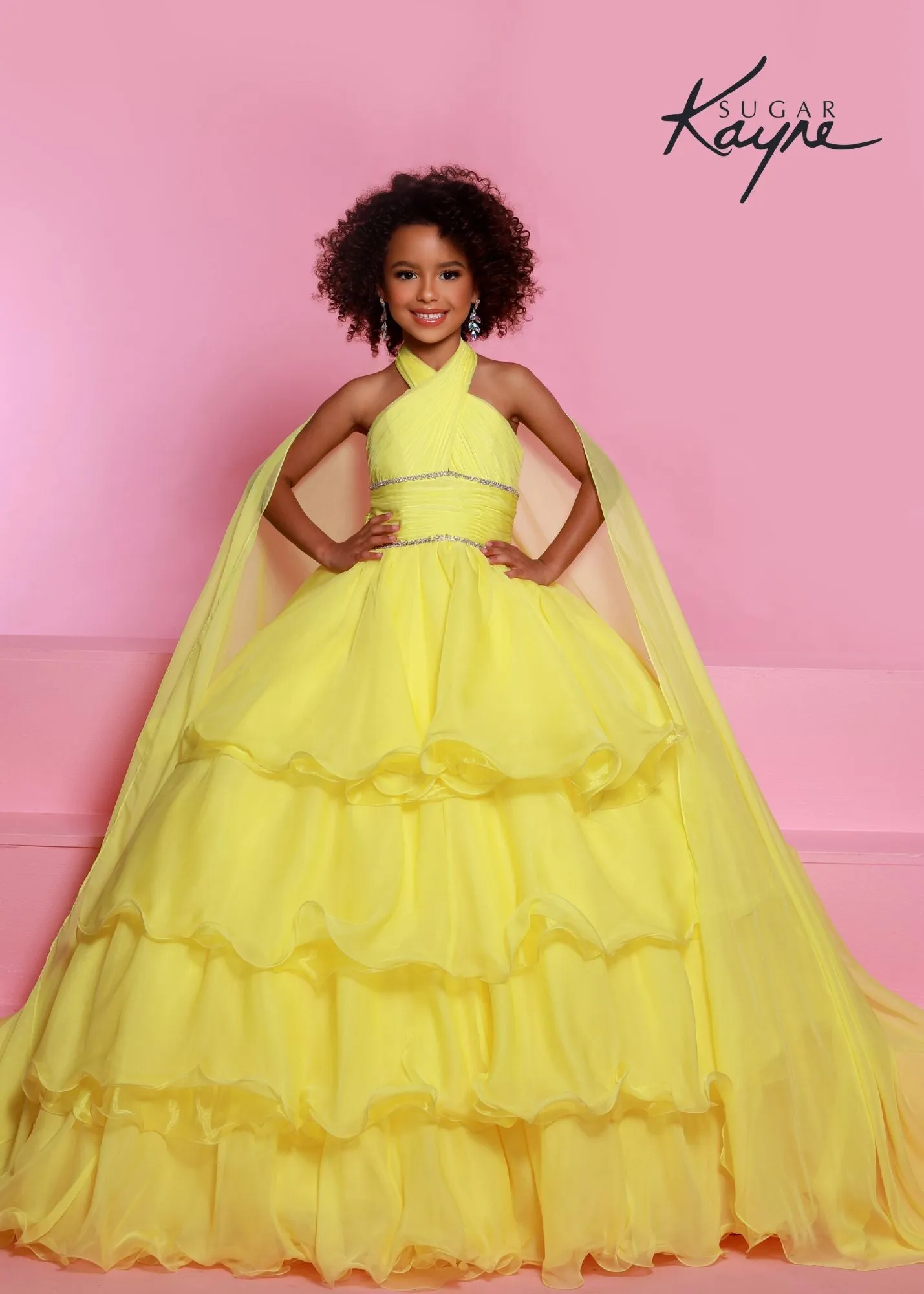 Sugar Kayne C305 Ruffled Layers Girls Preteens Pageant Dress Ball Gown Cape Halter Formal Dress