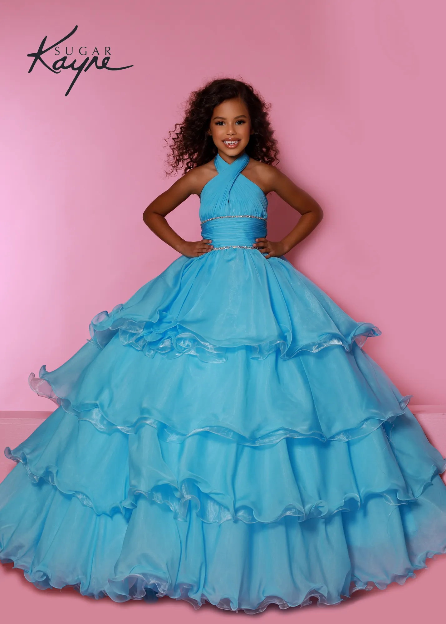 Sugar Kayne C305 Ruffled Layers Girls Preteens Pageant Dress Ball Gown Cape Halter Formal Dress