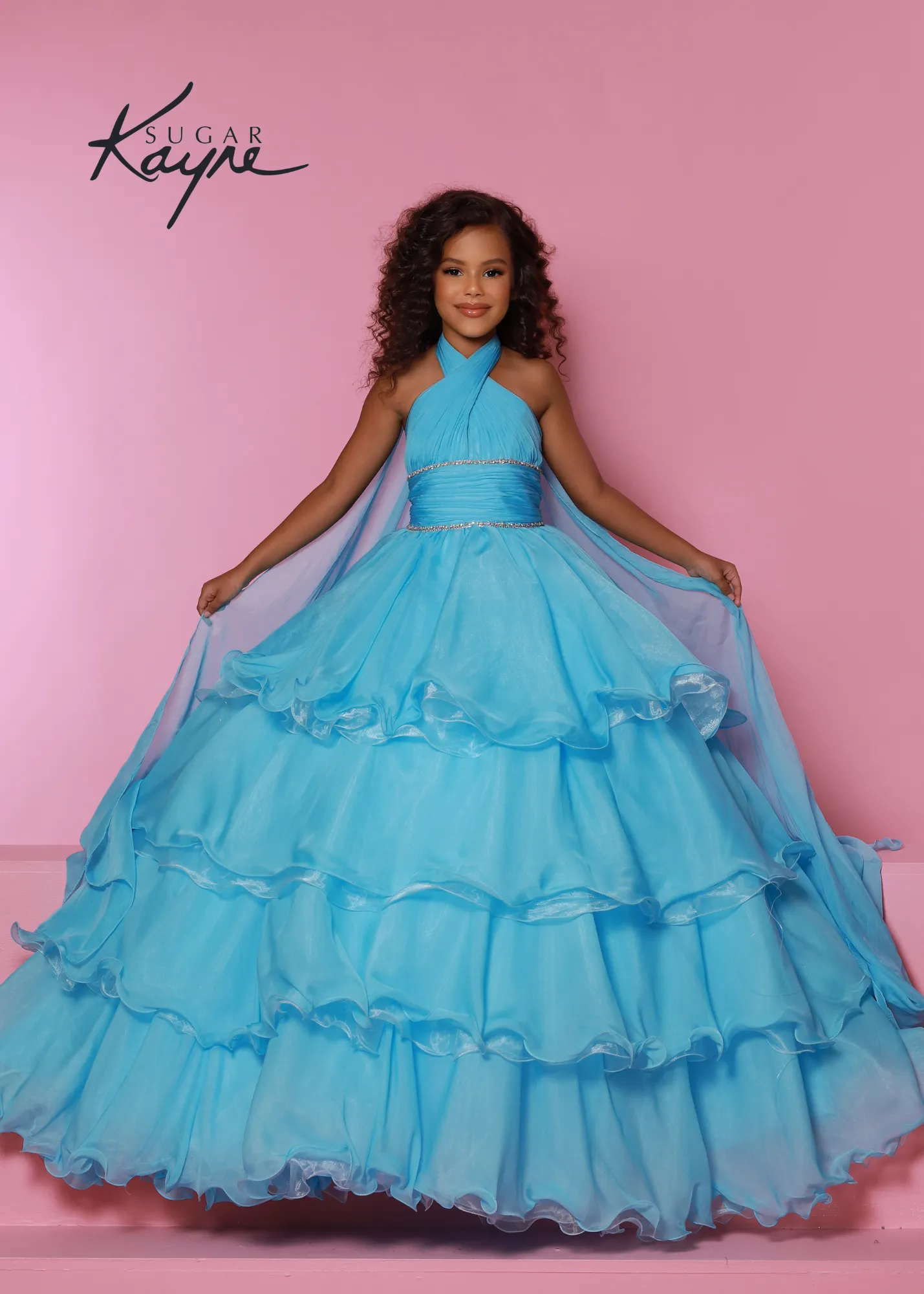 Sugar Kayne C305 Ruffled Layers Girls Preteens Pageant Dress Ball Gown Cape Halter Formal Dress