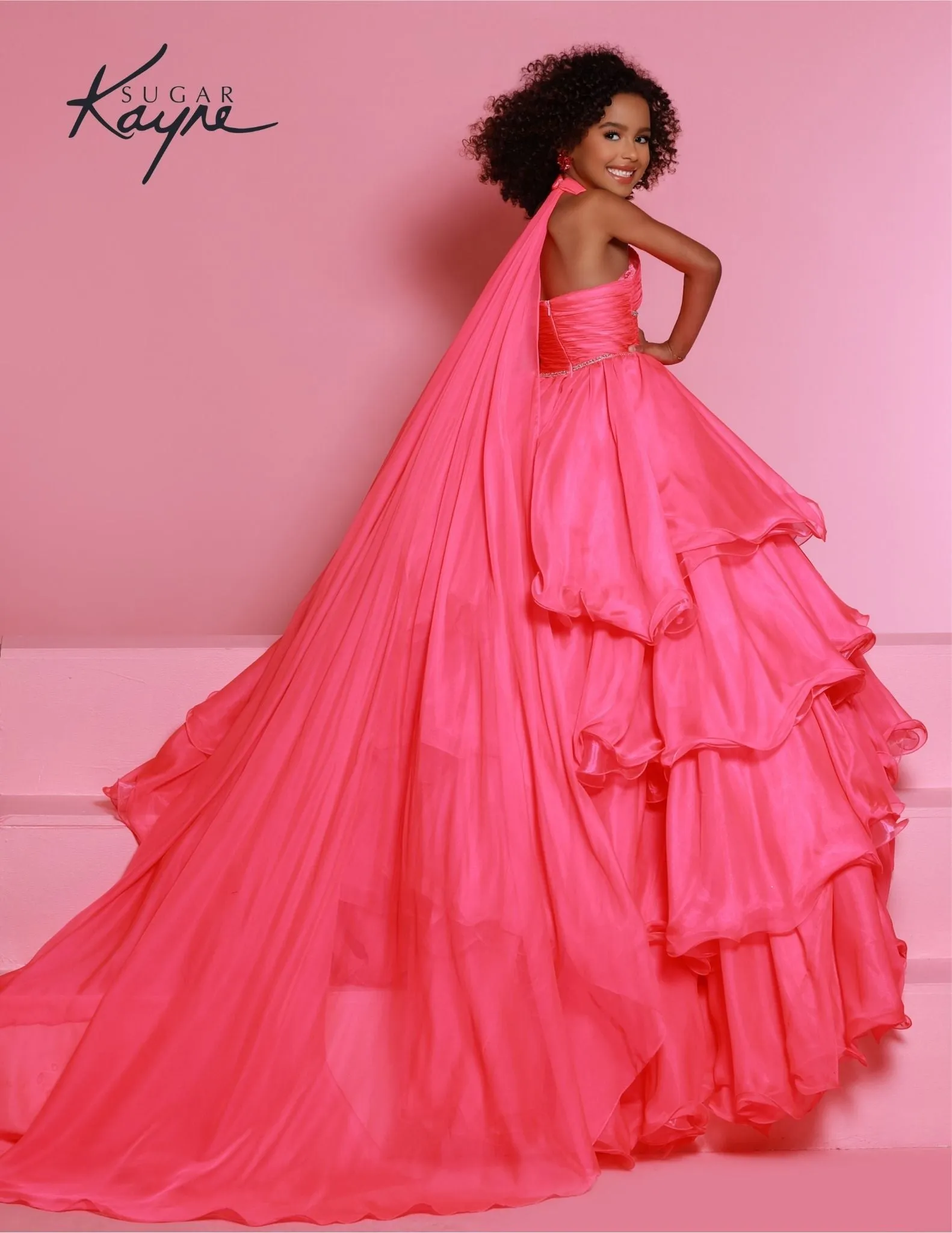 Sugar Kayne C305 Ruffled Layers Girls Preteens Pageant Dress Ball Gown Cape Halter Formal Dress
