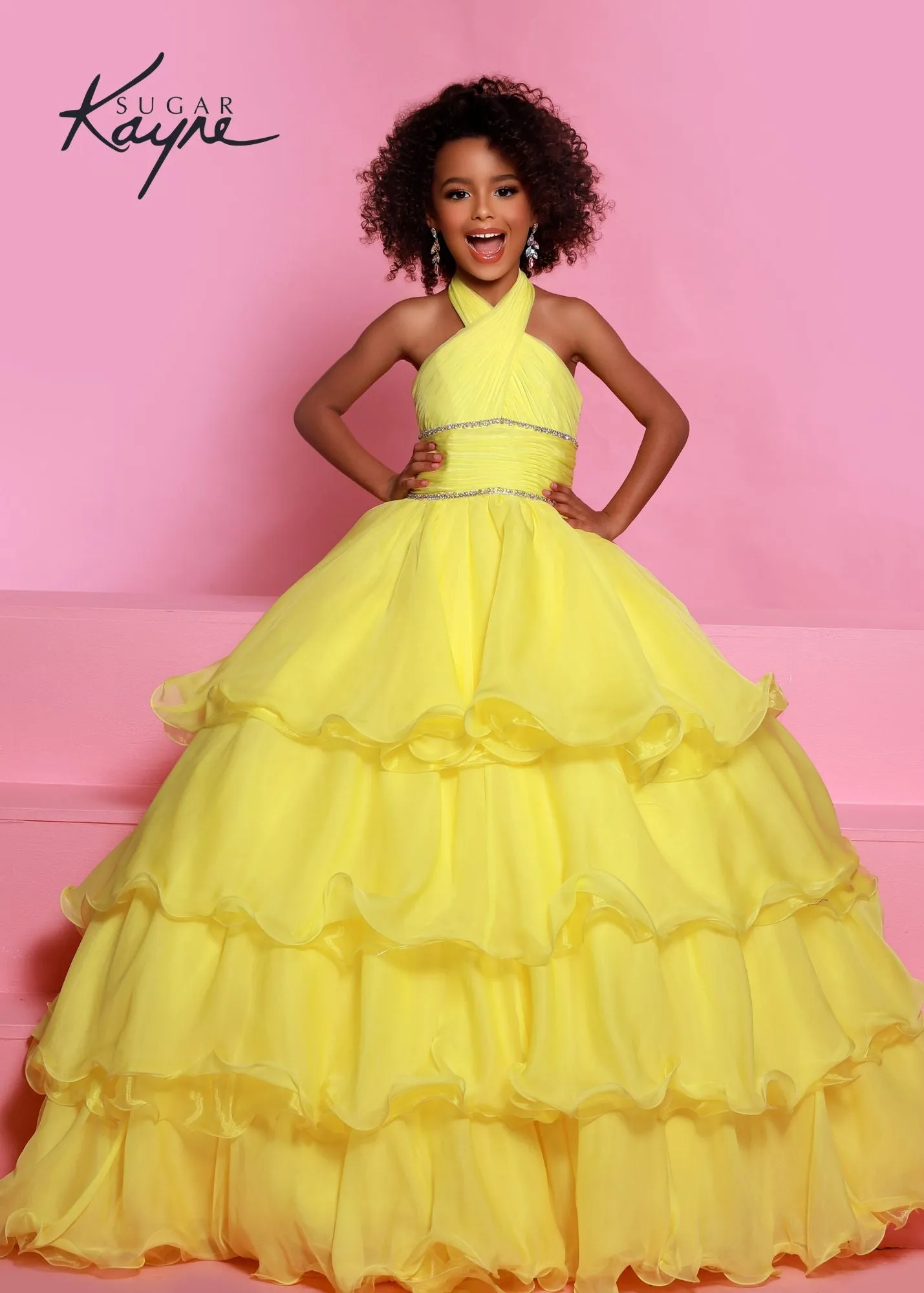 Sugar Kayne C305 Ruffled Layers Girls Preteens Pageant Dress Ball Gown Cape Halter Formal Dress
