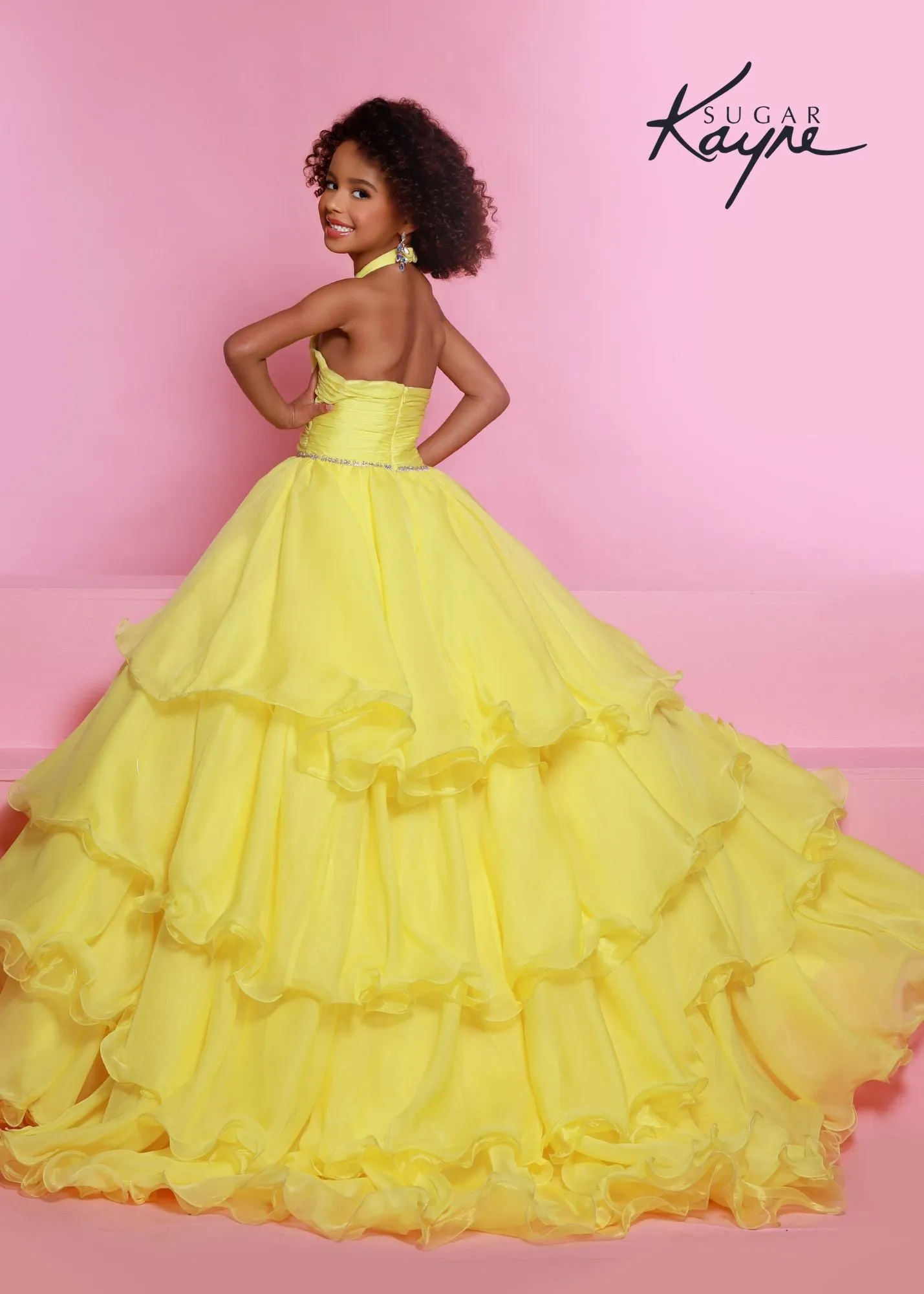 Sugar Kayne C305 Ruffled Layers Girls Preteens Pageant Dress Ball Gown Cape Halter Formal Dress