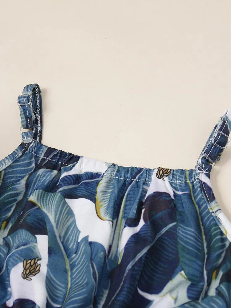 Summer Infant Little Girl Leaf Print Suspender Pants One Piece Jumpsuit