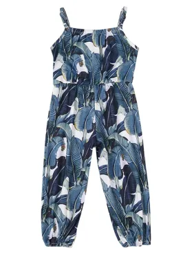 Summer Infant Little Girl Leaf Print Suspender Pants One Piece Jumpsuit