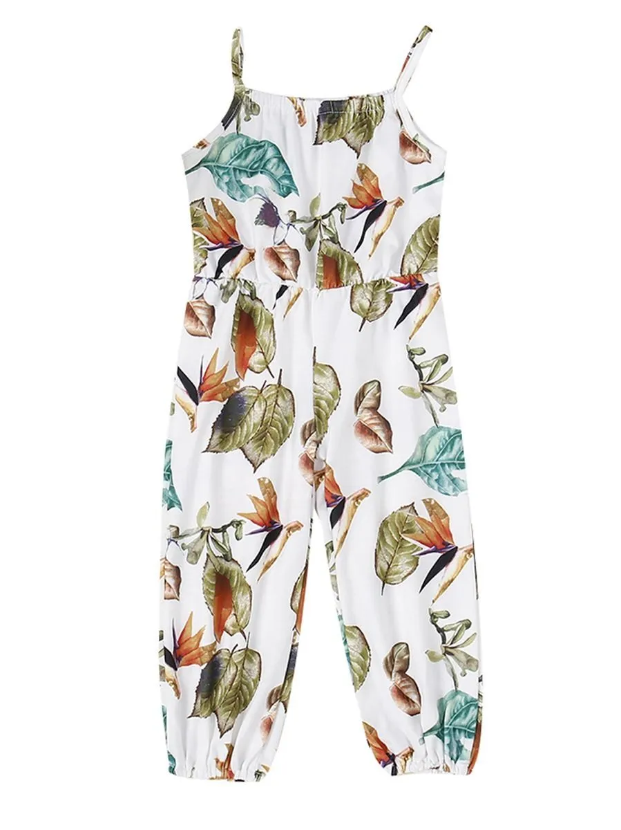 Summer Infant Little Girl Leaf Print Suspender Pants One Piece Jumpsuit