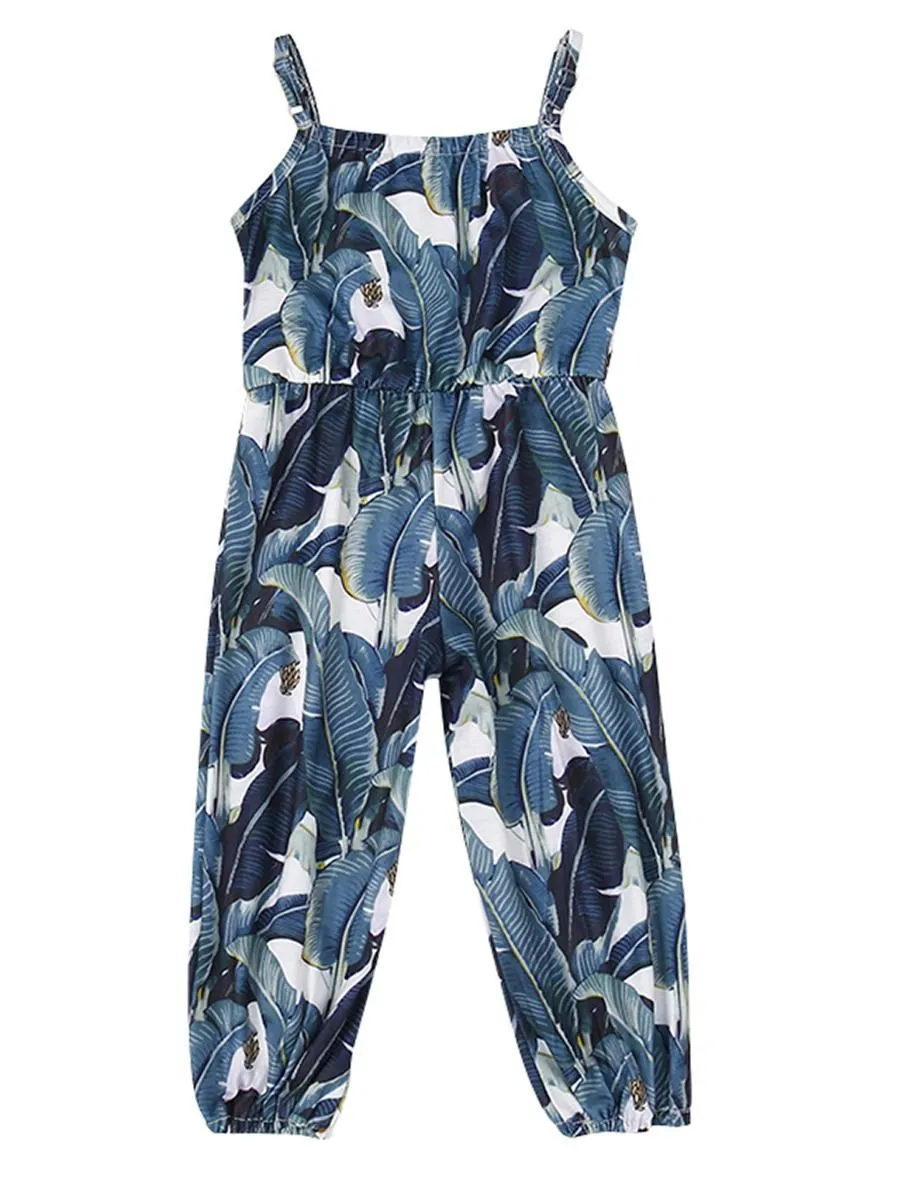 Summer Infant Little Girl Leaf Print Suspender Pants One Piece Jumpsuit