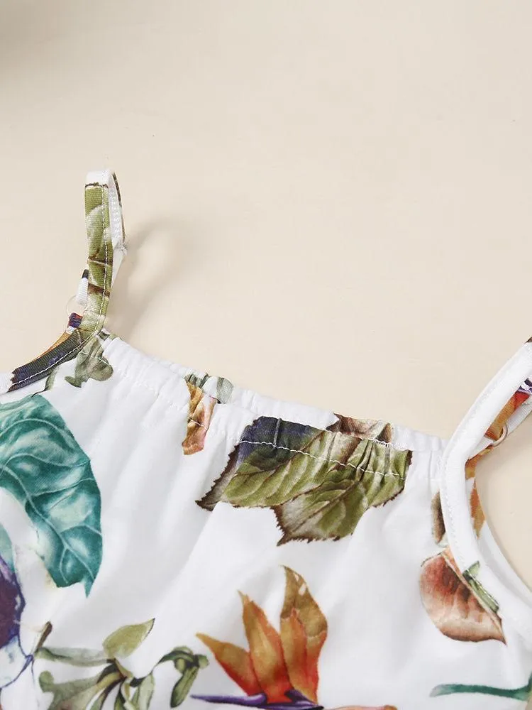 Summer Infant Little Girl Leaf Print Suspender Pants One Piece Jumpsuit
