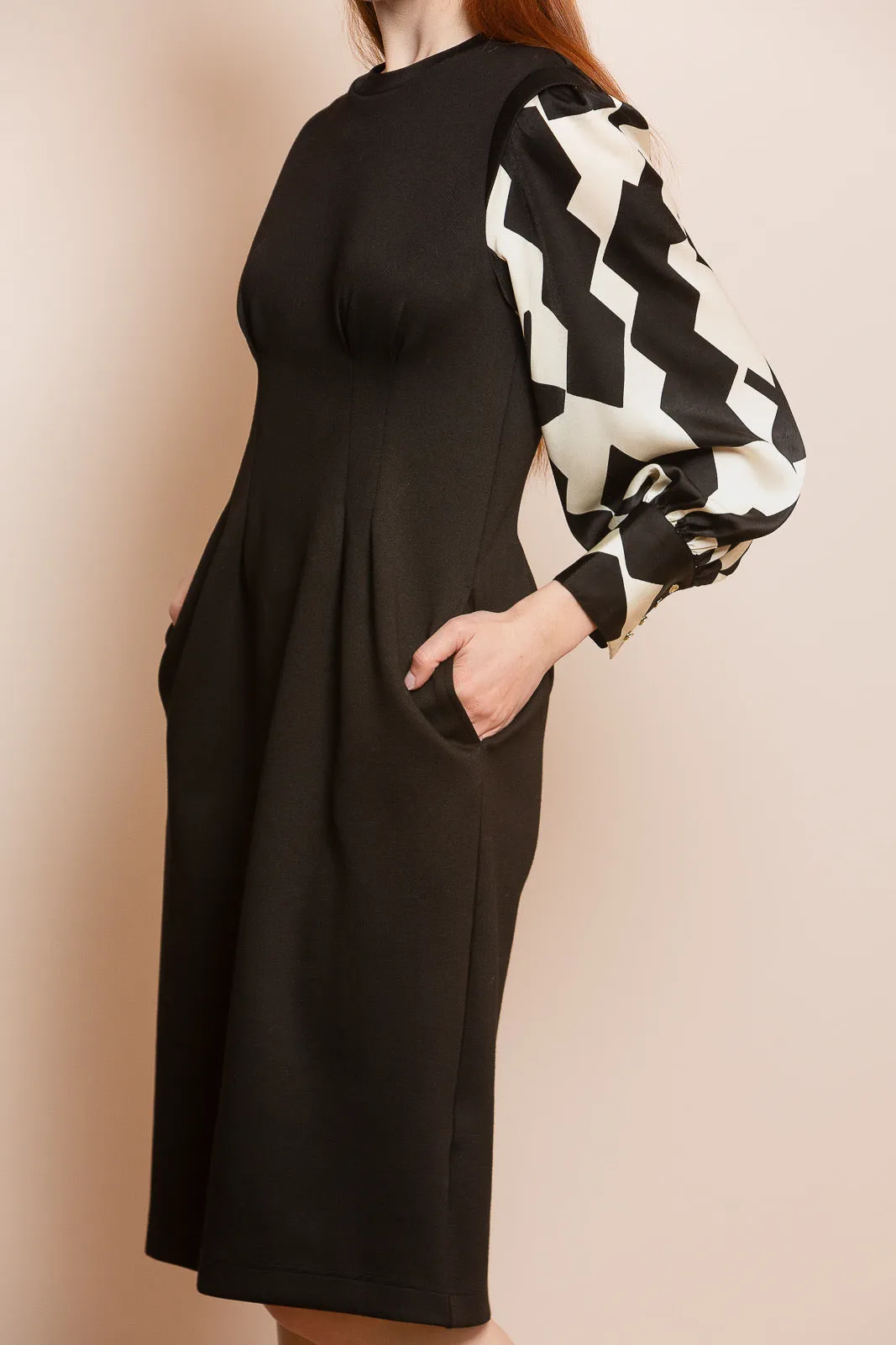 Tailored Ponte Midi Dress with Contrast Sleeves