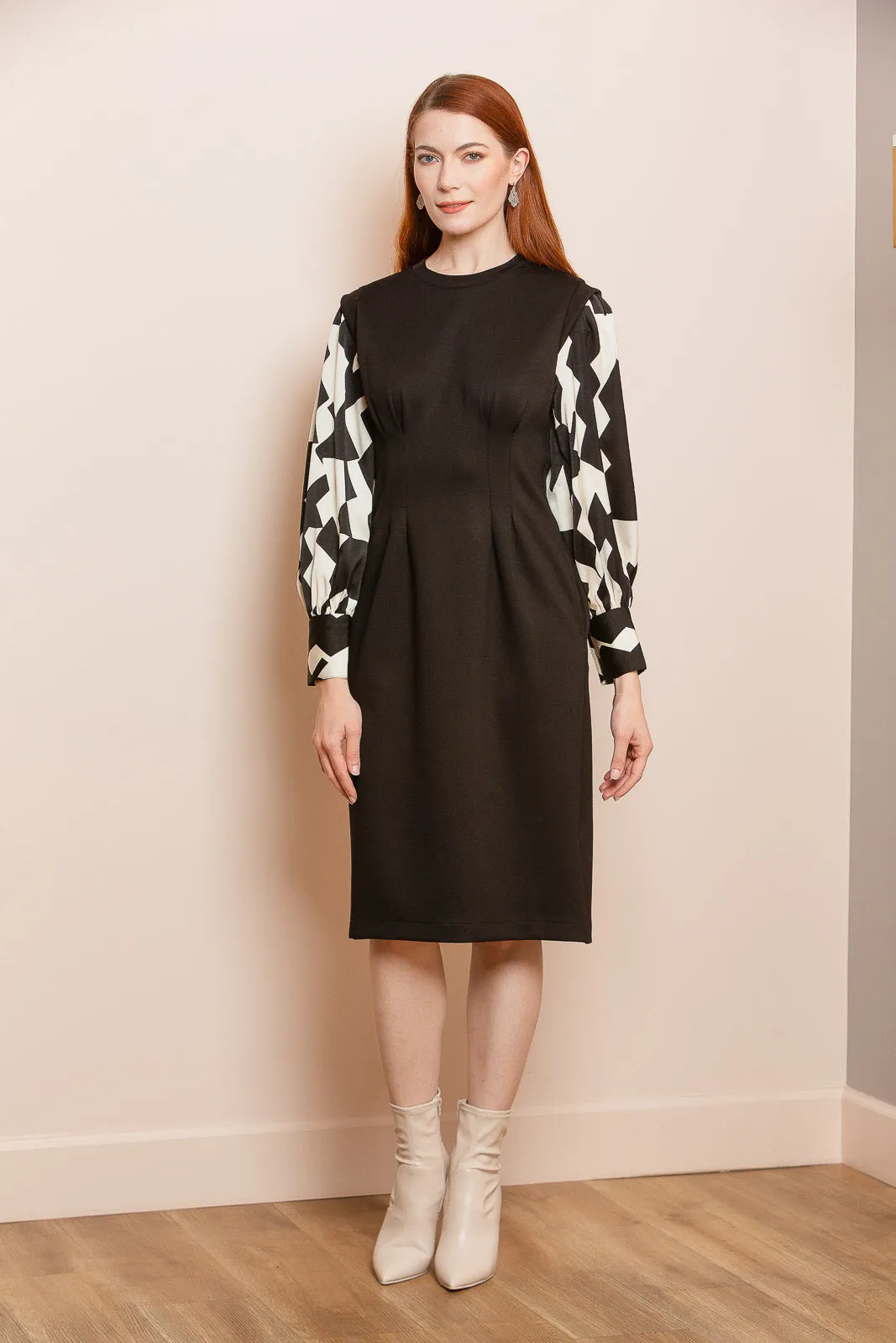Tailored Ponte Midi Dress with Contrast Sleeves