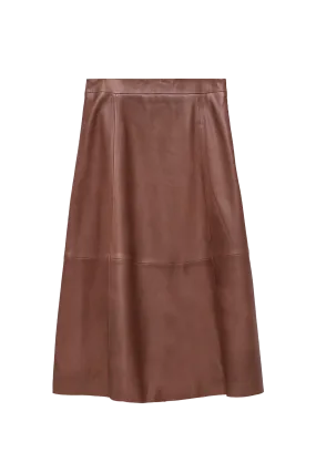 Tan Leather A-Line Midi Skirt