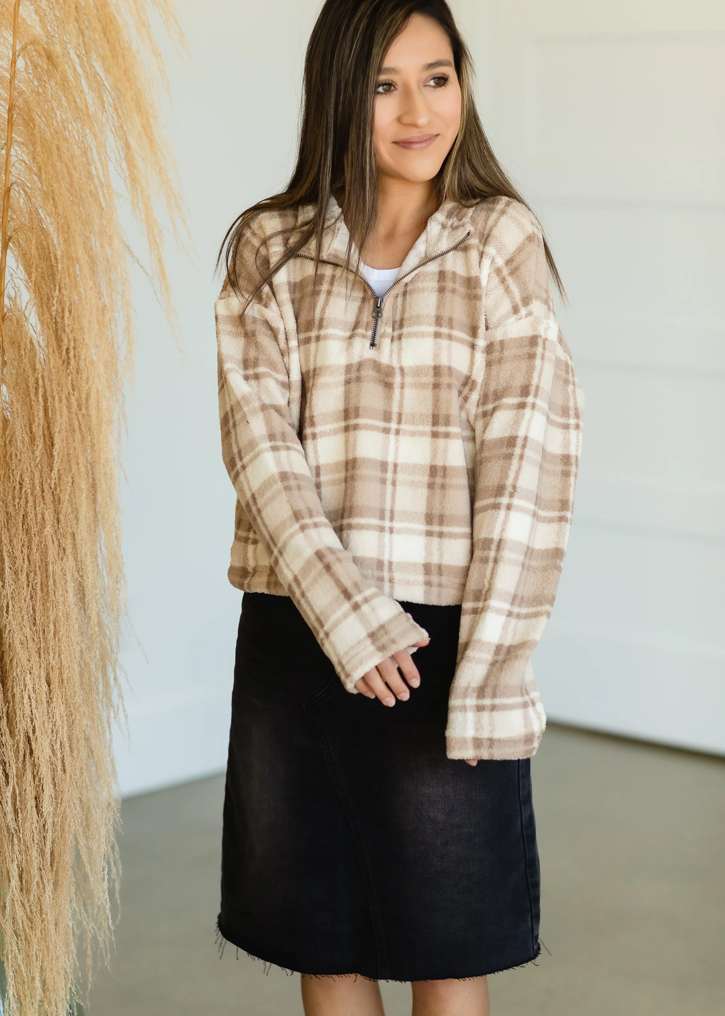 Taupe Checkered Fleece Half Zip - FINAL SALE
