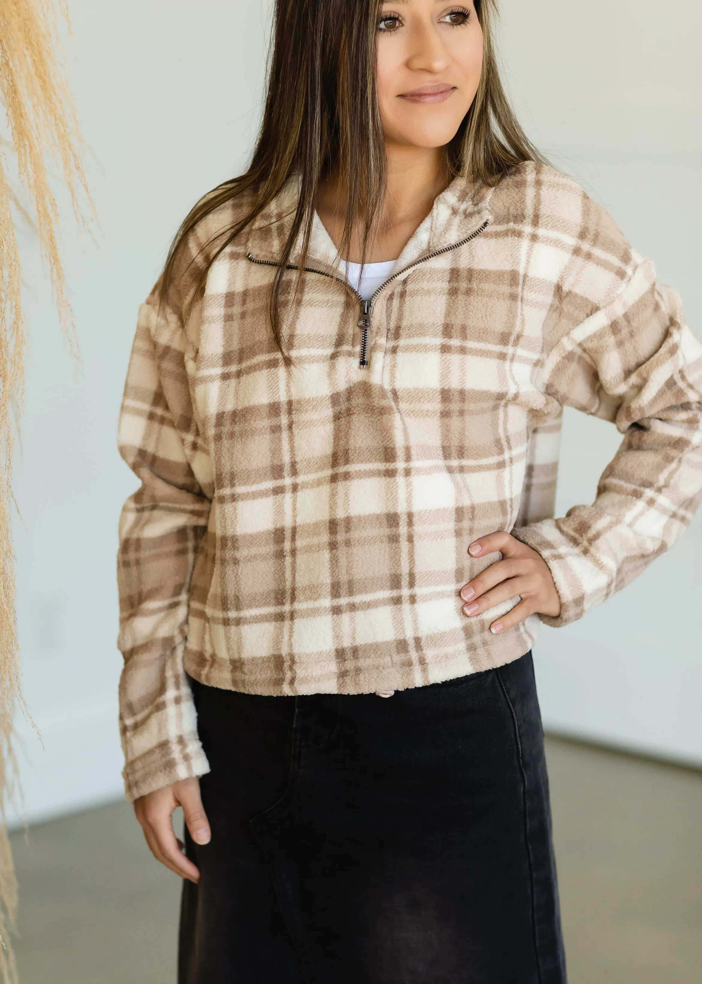 Taupe Checkered Fleece Half Zip - FINAL SALE