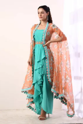 Teal Draped Dress With Cape & Belt