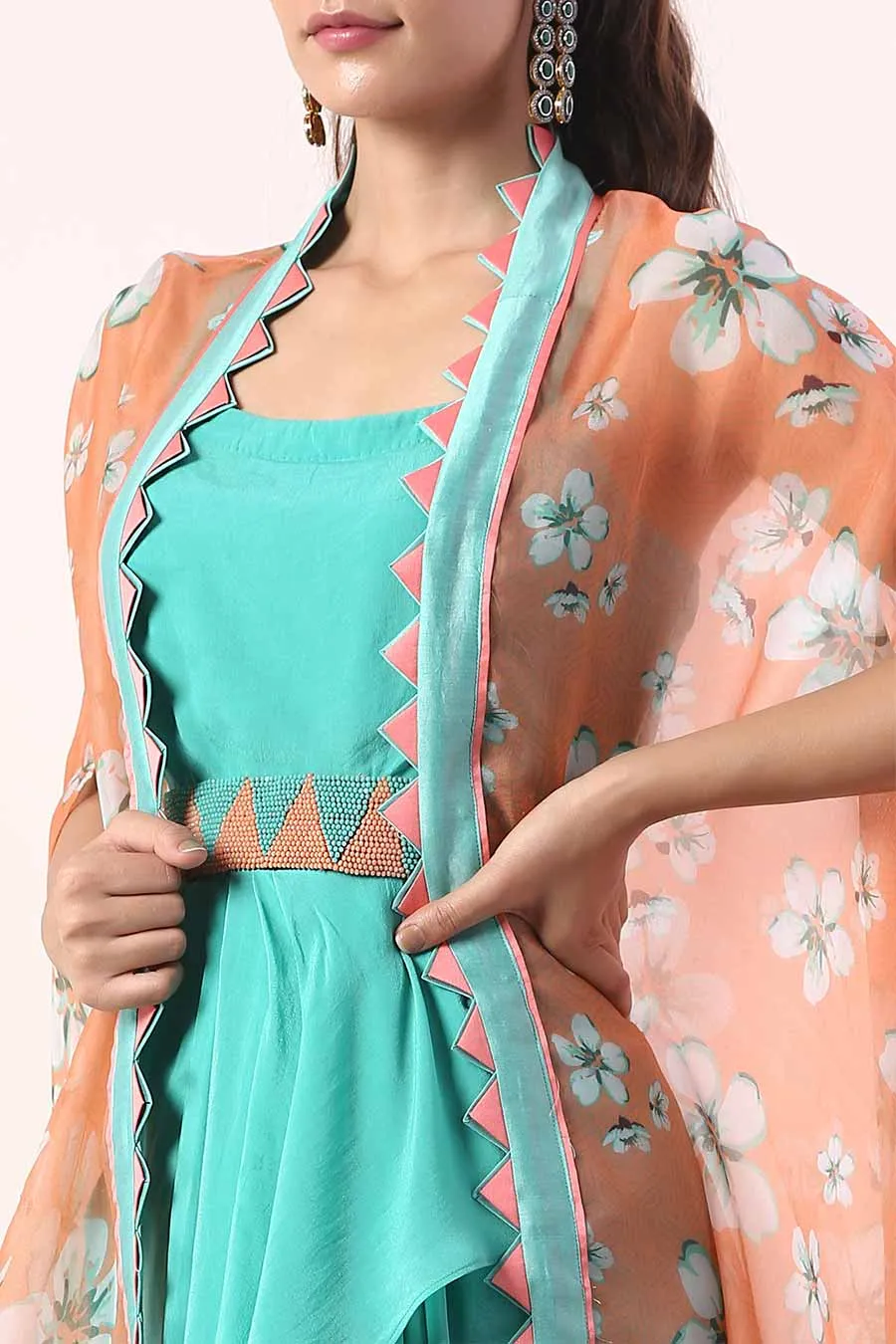 Teal Draped Dress With Cape & Belt