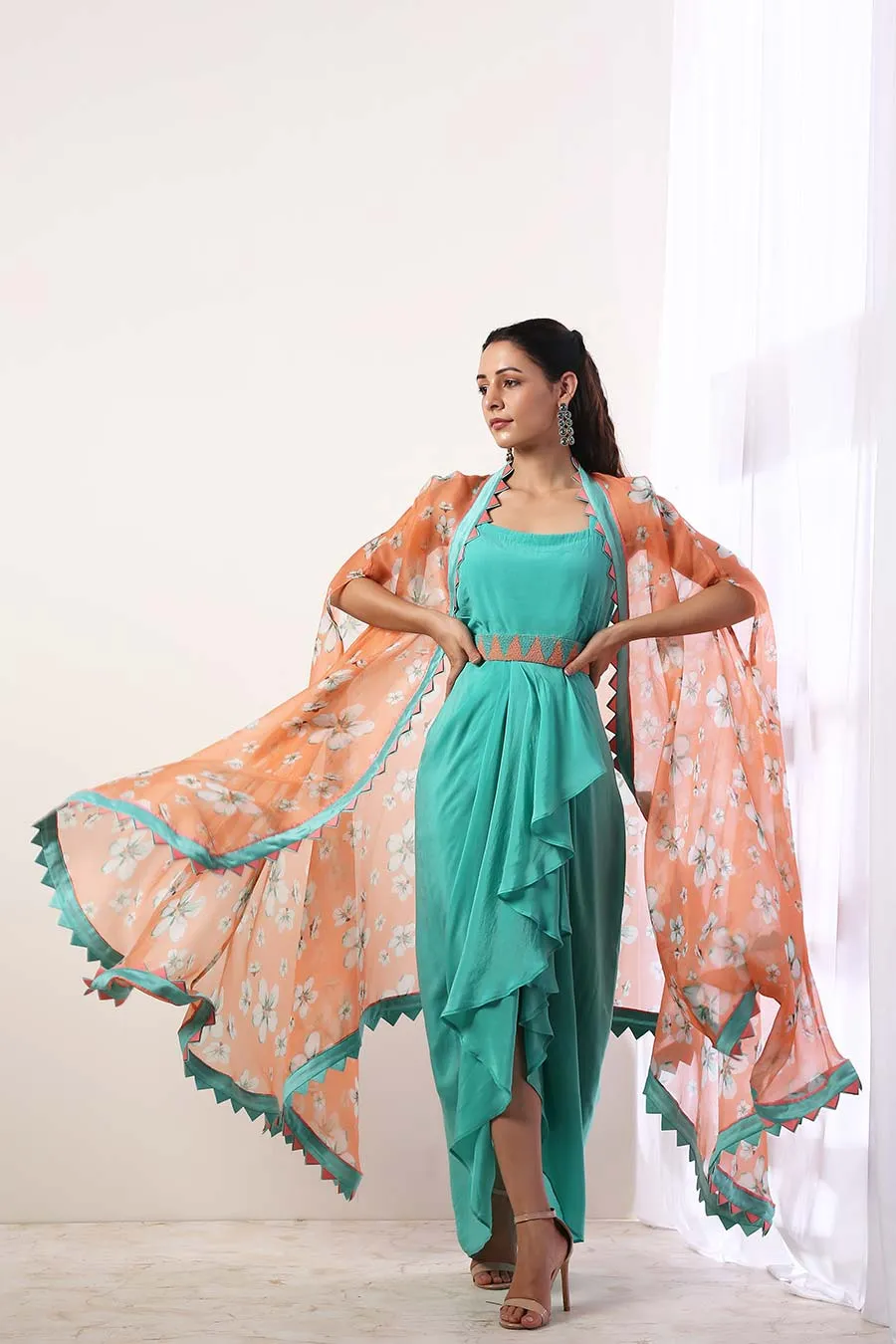 Teal Draped Dress With Cape & Belt