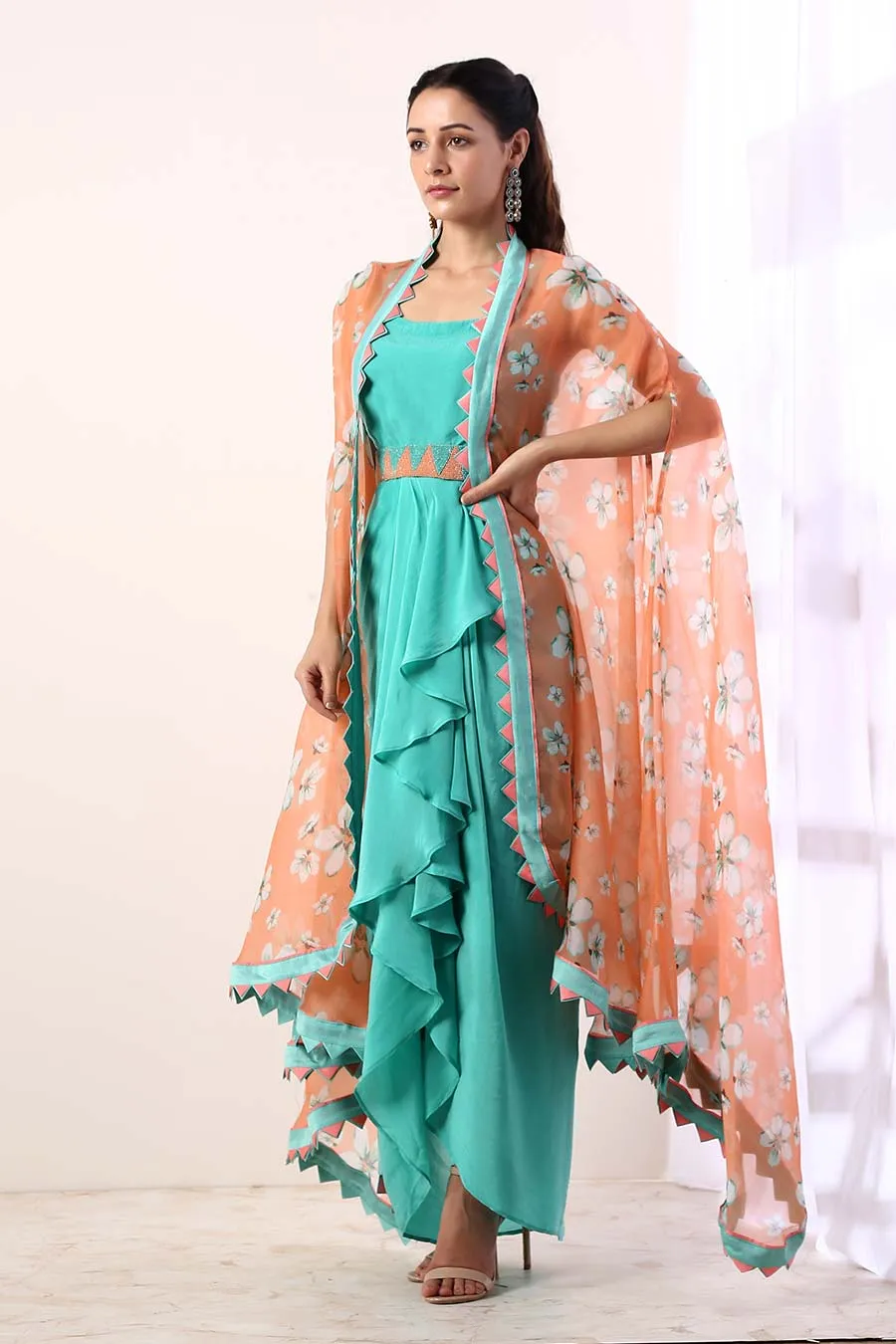 Teal Draped Dress With Cape & Belt