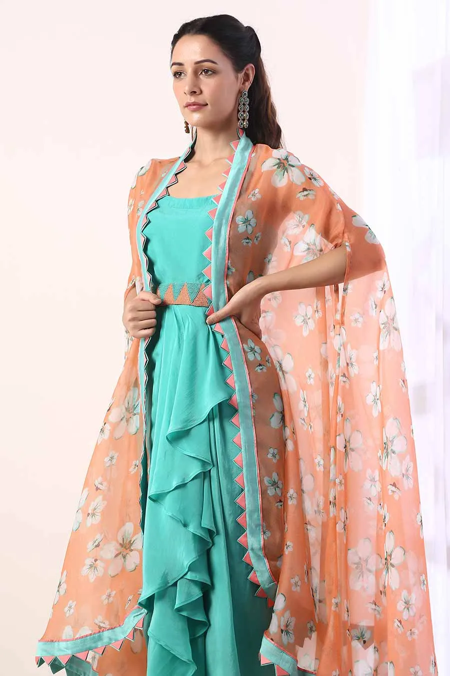 Teal Draped Dress With Cape & Belt