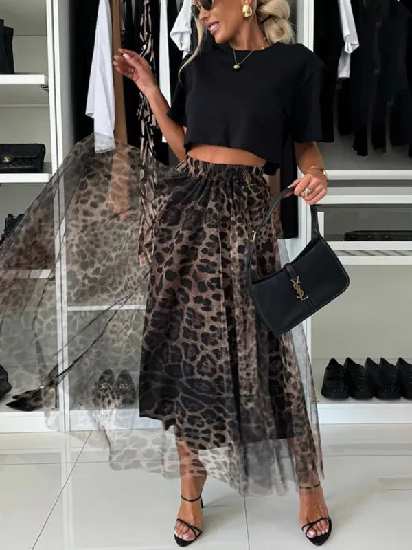 Trendy Animal Print Chiffon Overlay Midi Skirt for Spring