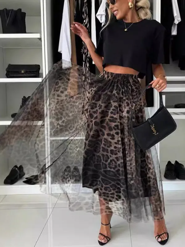Trendy Animal Print Chiffon Overlay Midi Skirt for Spring