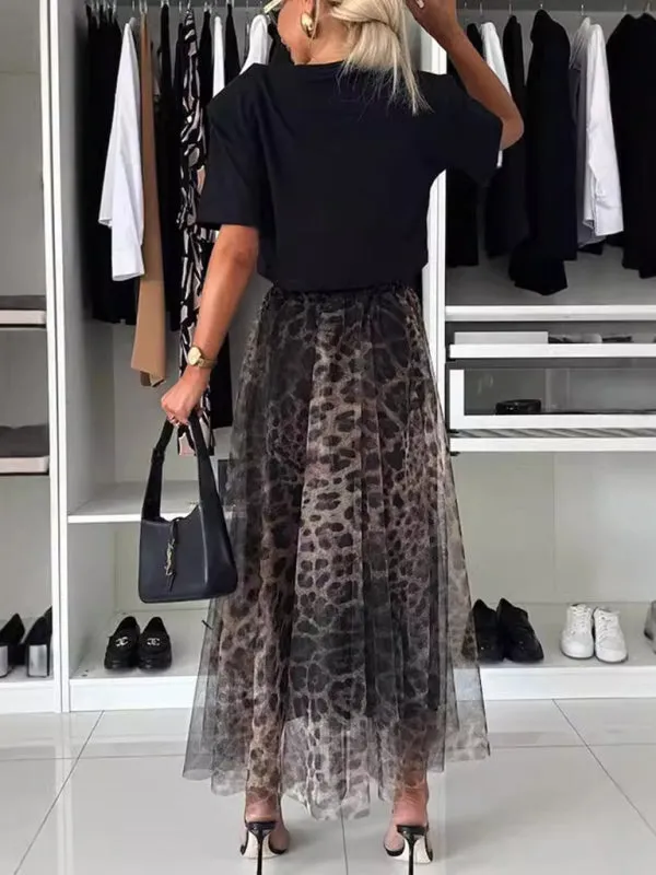 Trendy Animal Print Chiffon Overlay Midi Skirt for Spring