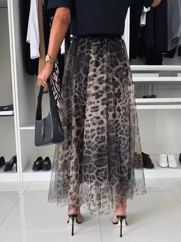 Trendy Animal Print Chiffon Overlay Midi Skirt for Spring