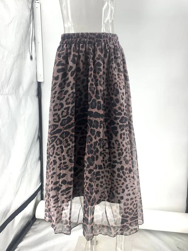 Trendy Animal Print Chiffon Overlay Midi Skirt for Spring