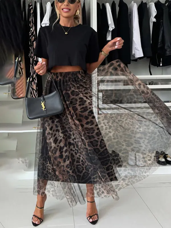 Trendy Animal Print Chiffon Overlay Midi Skirt for Spring