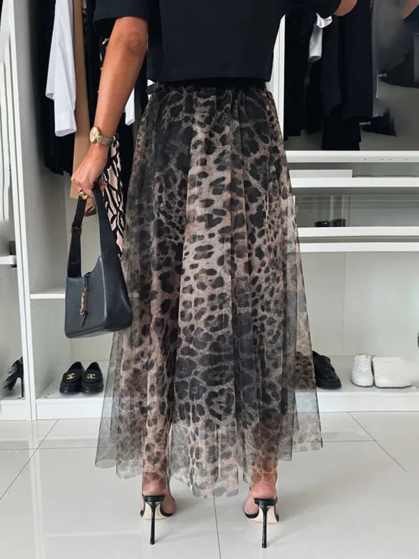 Trendy Animal Print Chiffon Overlay Midi Skirt for Spring