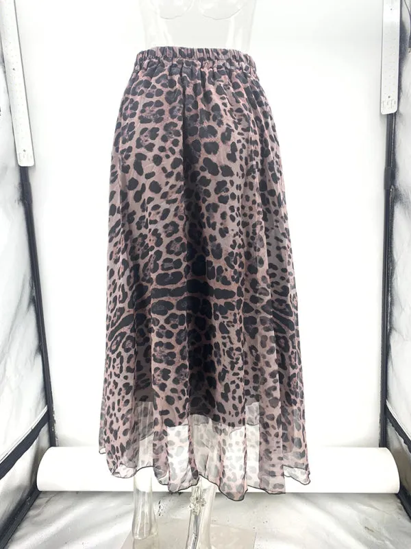 Trendy Animal Print Chiffon Overlay Midi Skirt for Spring
