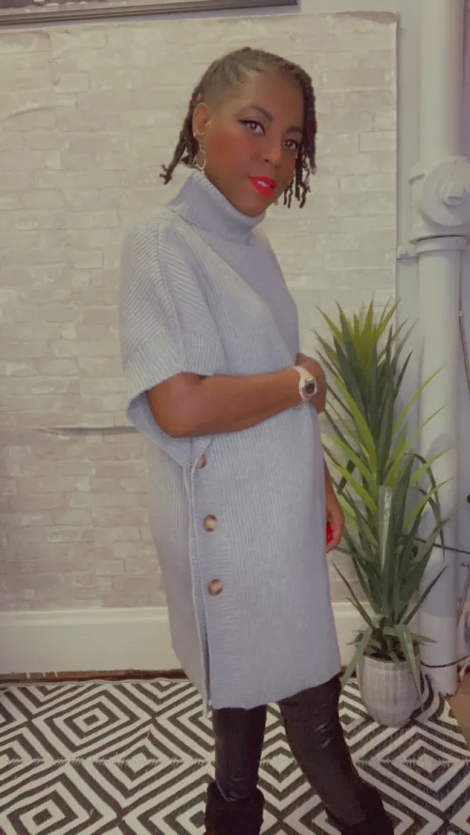 Turtle Neck Button Side Ribbed Poncho Sweater