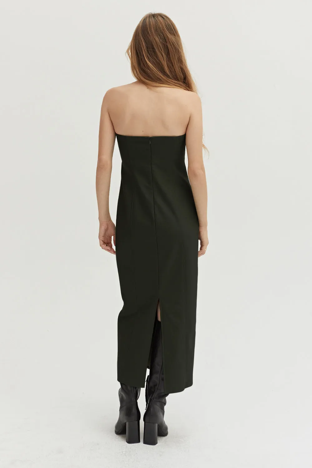 Vegan Leather Strapless Midi Dress