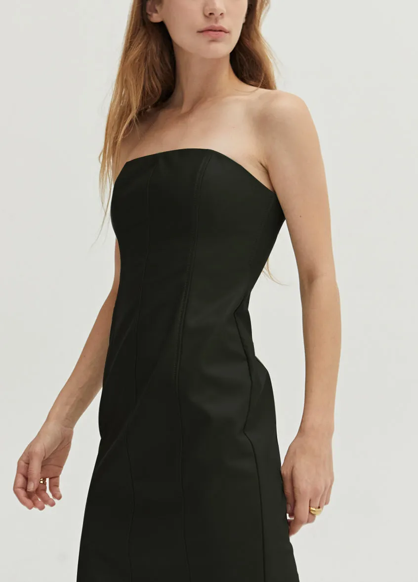 Vegan Leather Strapless Midi Dress