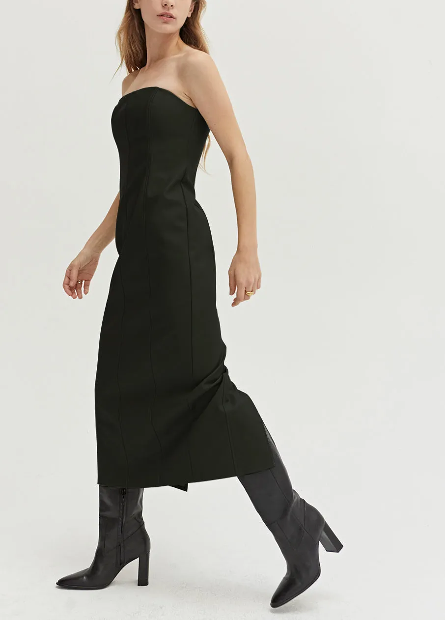 Vegan Leather Strapless Midi Dress