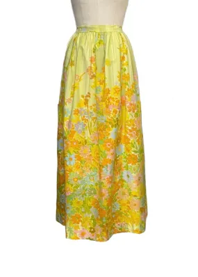 VINTAGE '60's Women's yellow floral cotton maxi skirt, 8 / 28" W