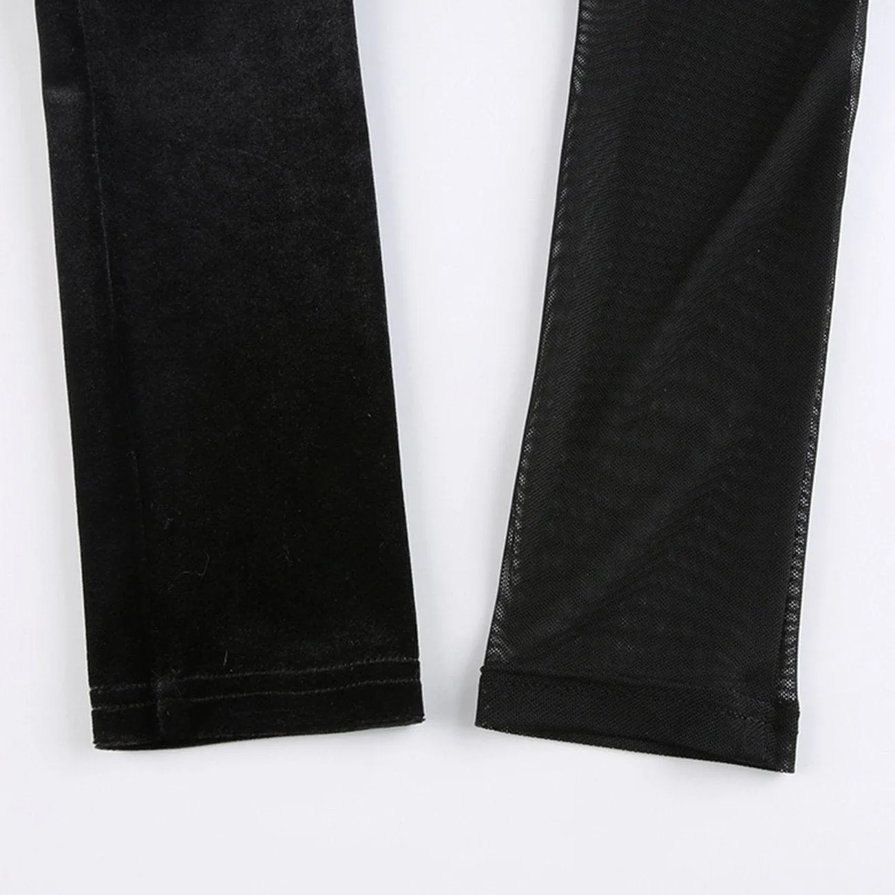 WLS Velvet Mesh Patchwork Hollow Long Sleeve Tee