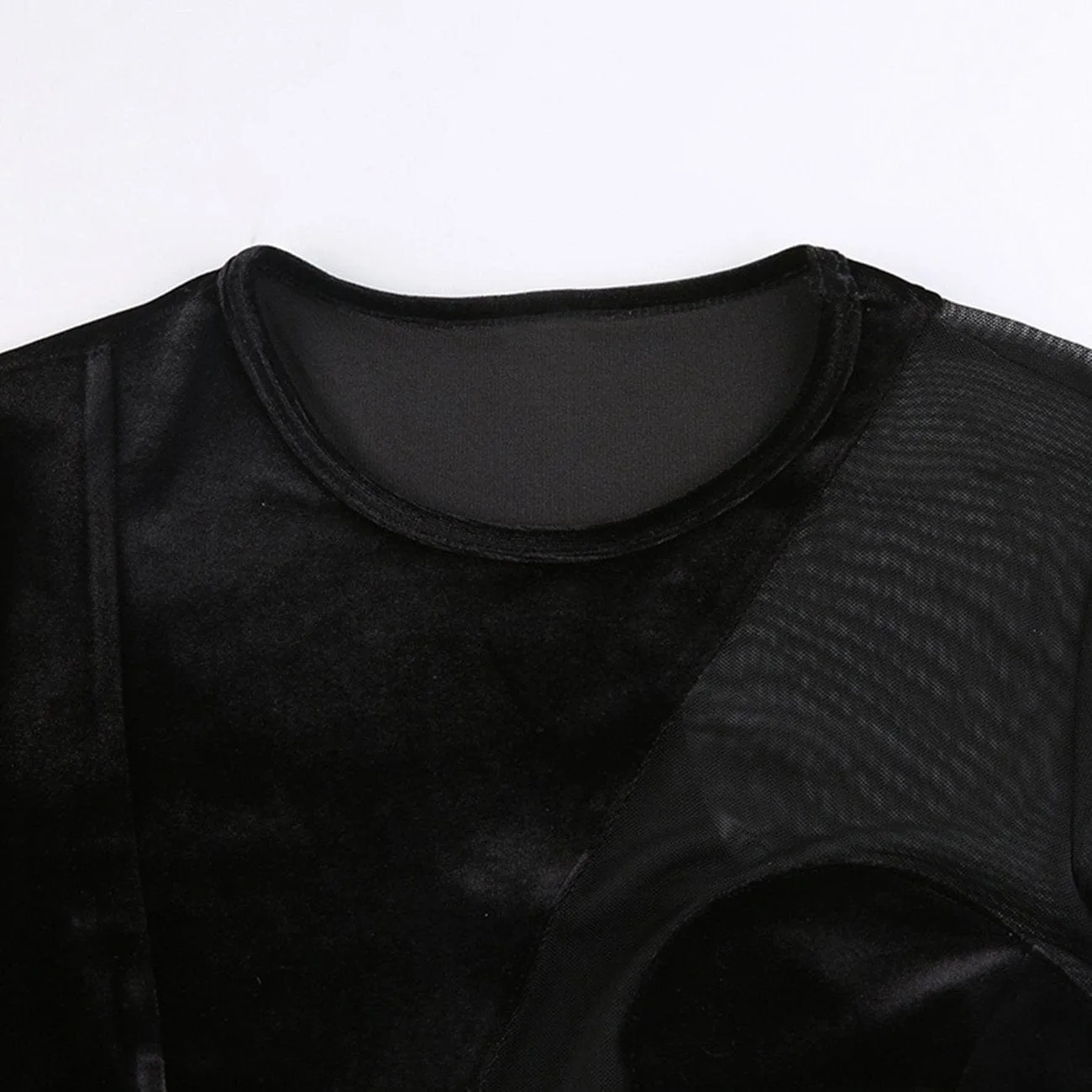 WLS Velvet Mesh Patchwork Hollow Long Sleeve Tee