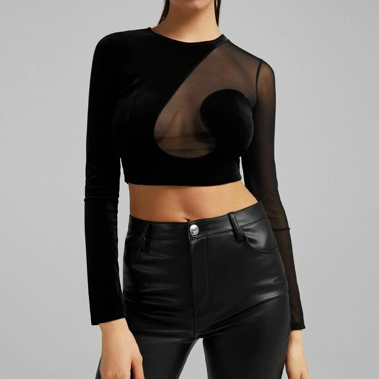 WLS Velvet Mesh Patchwork Hollow Long Sleeve Tee