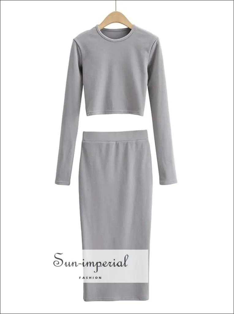 Women Khaki Casual Co-ord Fit O Neck Long Sleeve Crop top and Midi Skirt Set