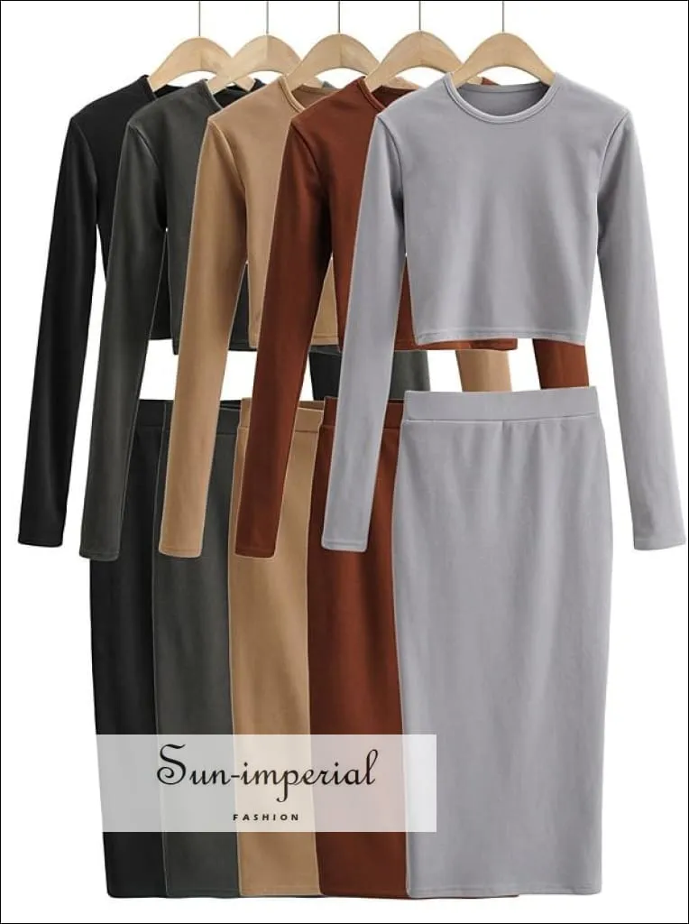 Women Khaki Casual Co-ord Fit O Neck Long Sleeve Crop top and Midi Skirt Set