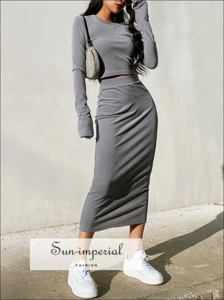 Women Khaki Casual Co-ord Fit O Neck Long Sleeve Crop top and Midi Skirt Set