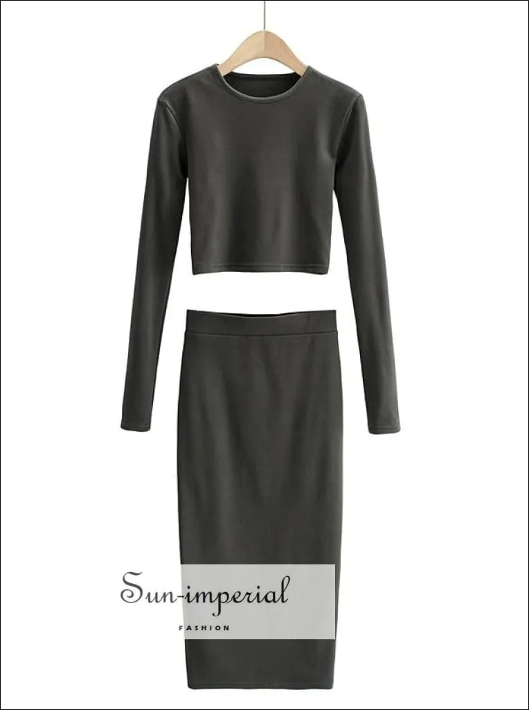 Women Khaki Casual Co-ord Fit O Neck Long Sleeve Crop top and Midi Skirt Set