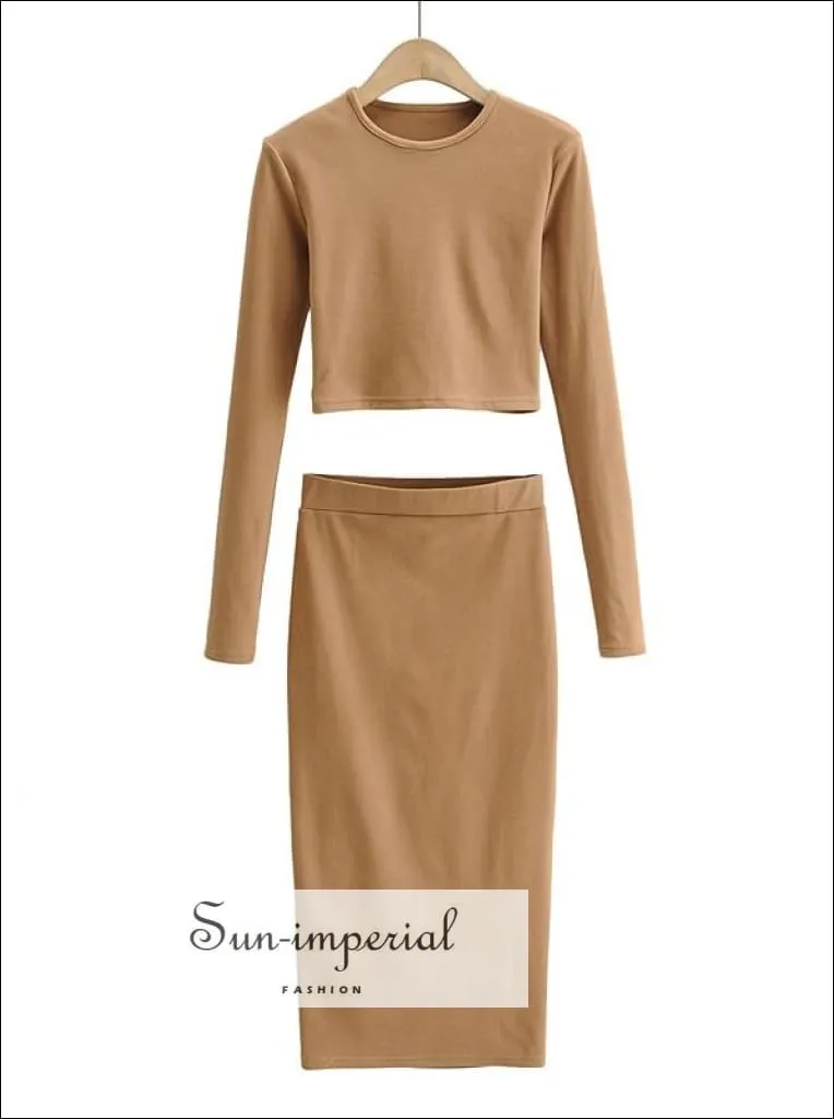 Women Khaki Casual Co-ord Fit O Neck Long Sleeve Crop top and Midi Skirt Set