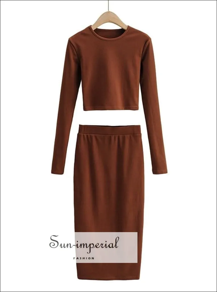 Women Khaki Casual Co-ord Fit O Neck Long Sleeve Crop top and Midi Skirt Set