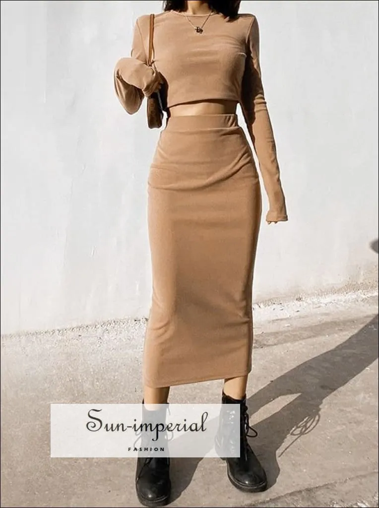 Women Khaki Casual Co-ord Fit O Neck Long Sleeve Crop top and Midi Skirt Set