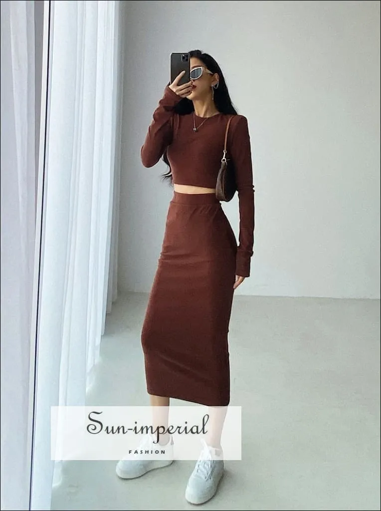 Women Khaki Casual Co-ord Fit O Neck Long Sleeve Crop top and Midi Skirt Set
