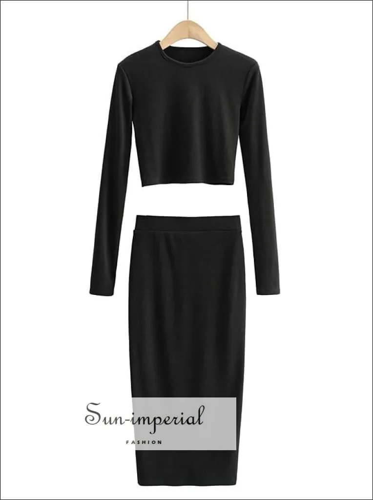 Women Khaki Casual Co-ord Fit O Neck Long Sleeve Crop top and Midi Skirt Set